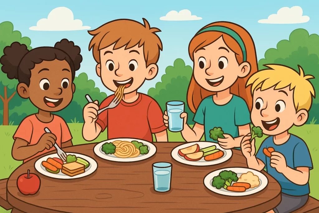 Cartoon illustration of four diverse children eating healthy meals at a picnic table outdoors on a sunny day, surrounded by trees and blue skies