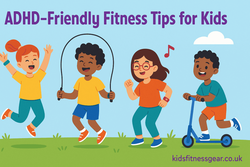 Children playing and exercising outdoors under a blue sky with the title 'ADHD-Friendly Fitness Tips for Kids' and branding from kidsfitnessgear.co.uk