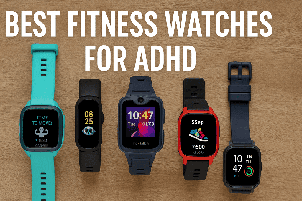 Five kids’ fitness watches on a wooden surface with text reading 'Best Fitness Watches for ADHD' – models include Garmin, Fitbit, TickTalk, Xplora, and others.