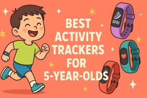 Banner showing a cheerful young boy running with a fitness tracker, alongside colorful kids' activity trackers and the title “Best Activity Trackers for 5-Year-Olds” on a coral background with stars.