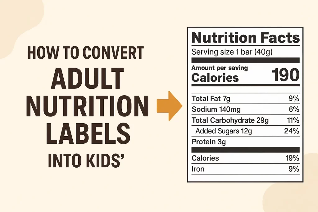 Wide featured image showing the phrase "How to Convert Adult Nutrition Labels Into Kids’" next to a sample nutrition label and an orange arrow, illustrating the concept of adapting adult food data for children.