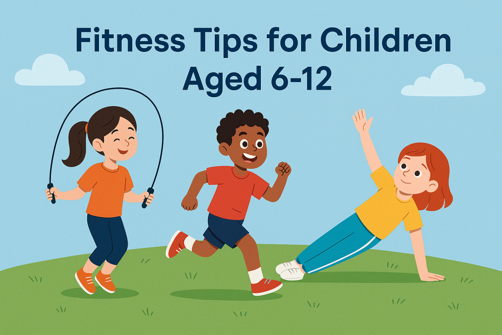 Three children aged 6–12 engaging in fun outdoor exercises like skipping, running, and side planks on a sunny day — promoting fitness tips for children aged 6–12.