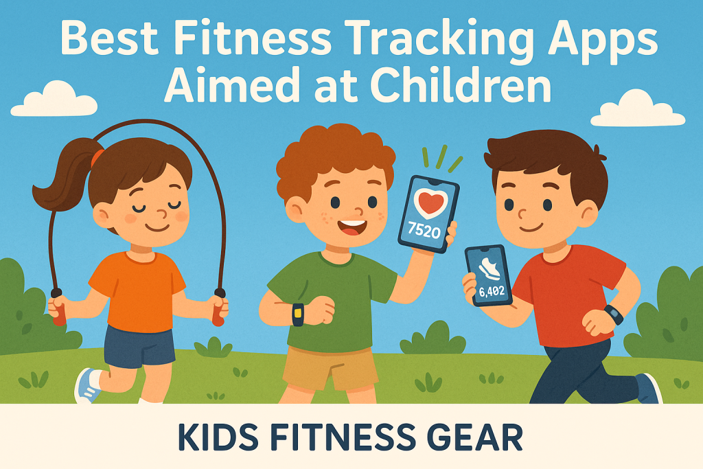 Cartoon illustration of active children using fitness tracking apps outdoors, including a girl skipping rope and boys holding smartphones, promoting kids' health and technology