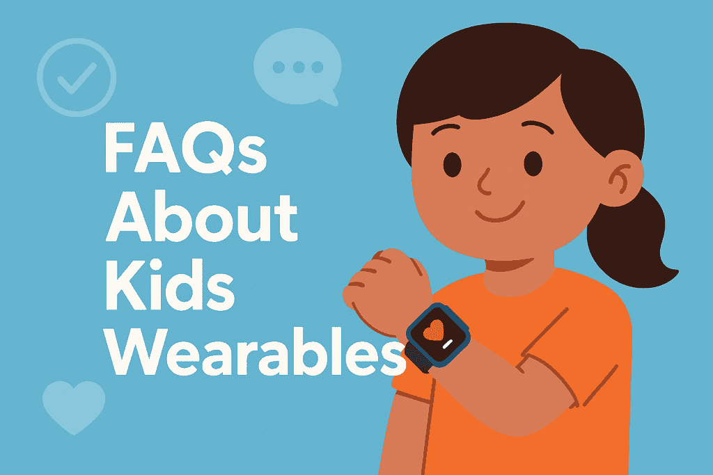 Illustration of a smiling girl wearing a smartwatch, with the title “FAQs About Kids Wearables” on a light blue background featuring icons like hearts, checkmarks, and chat bubbles.
