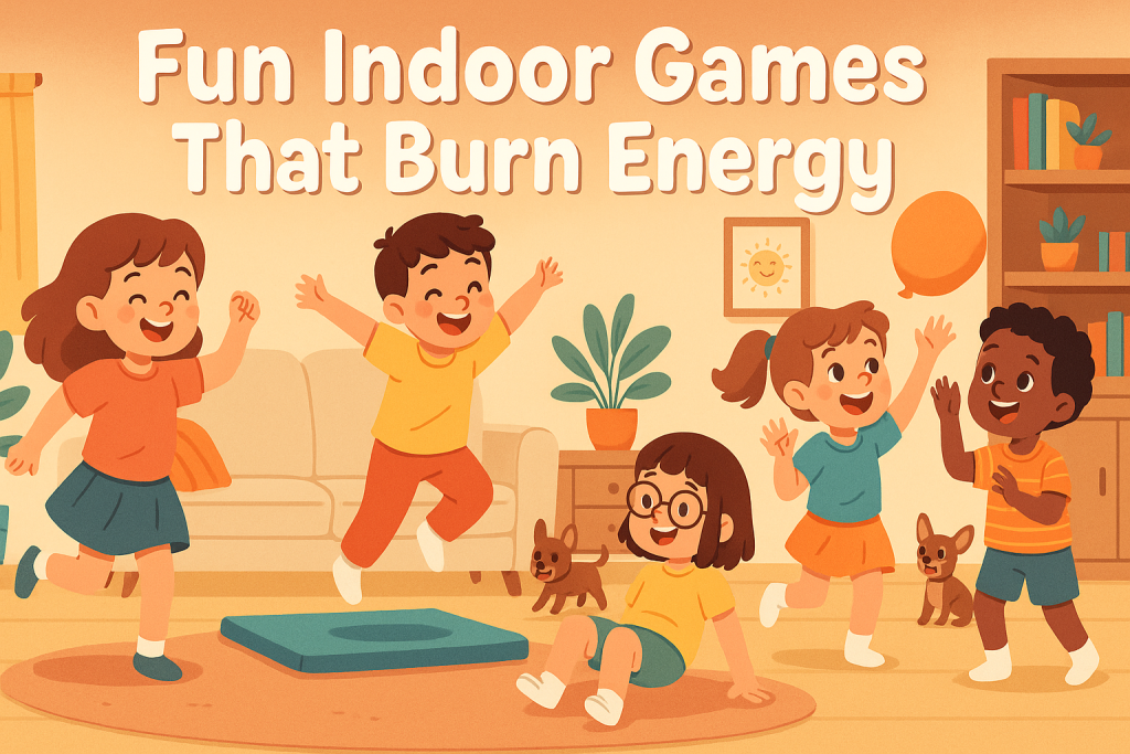 Cartoon illustration of diverse children playing energetic indoor games like dancing, jumping, and balloon volleyball in a cozy living room setting with cheerful decor. Indoor games that burn energy