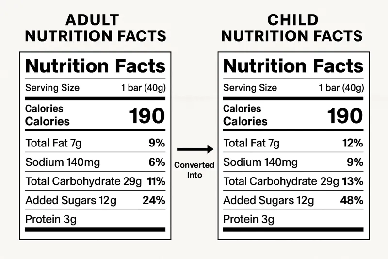 Visual comparison showing an adult nutrition label for a granola bar being converted into a child-appropriate version, with adjusted daily values for fat, sodium, and added sugars highlighted side by side