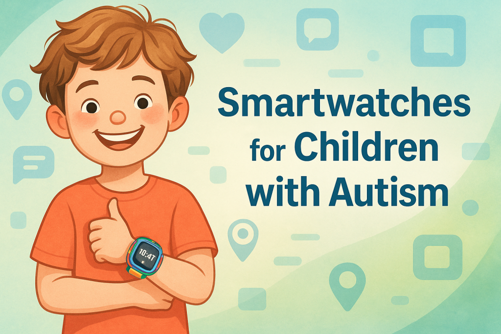 Illustration of a smiling young boy with autism wearing a colorful smartwatch and giving a thumbs-up, with the text 'Smartwatches for Children with Autism' on a pastel background with tech icons