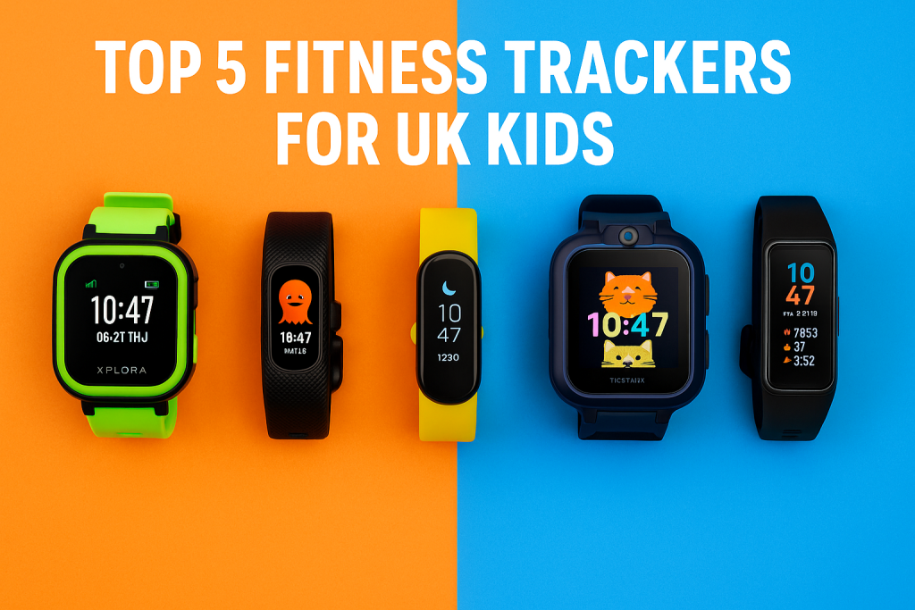 A digital landscape image showcasing five popular kids fitness trackers with colorful backgrounds and bold headline text reading “Top 5 Fitness Trackers for UK Kids”; includes smartwatches and bands arranged for a parent-focused product guide
