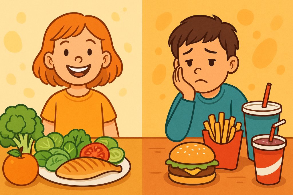 Illustration showing the effects of fast food and children's health, with a happy child eating healthy food and a sad child with fast food.