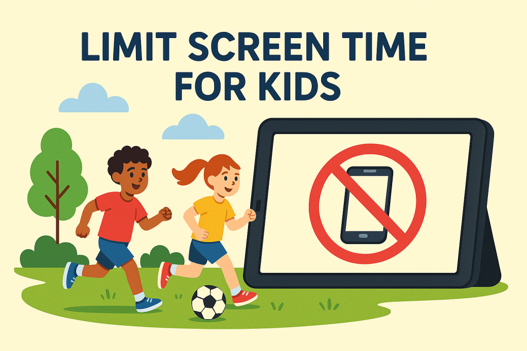 Illustration showing how to limit screen time for kids with children playing outdoors and a tablet displaying a no-phone symbol