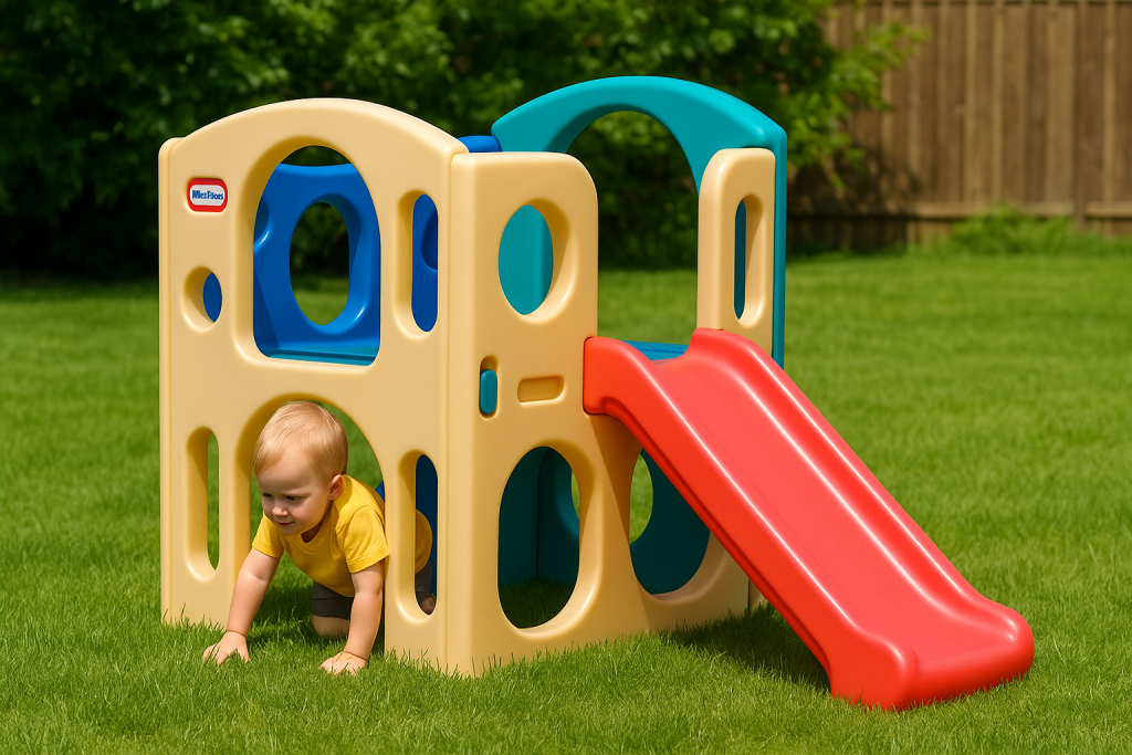 Toddler playing on a Little Tikes Junior Activity Gym with slide in a sunny garden, showcasing the safe and colorful climbing toy.