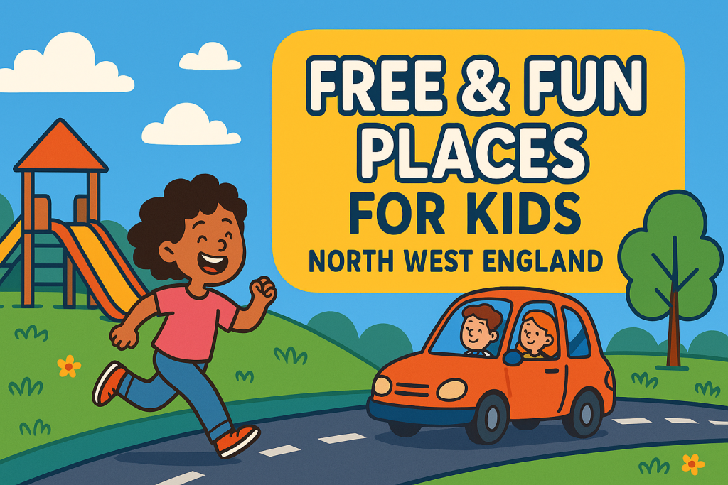 Free and fun places to visit for kids in North West England – colourful cartoon illustration of a car travelling on a road through bright scenery