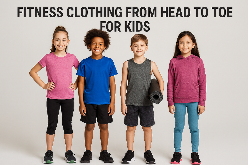 Four diverse children wearing fitness clothing for kids, standing confidently in colorful activewear from head to toe against a plain background