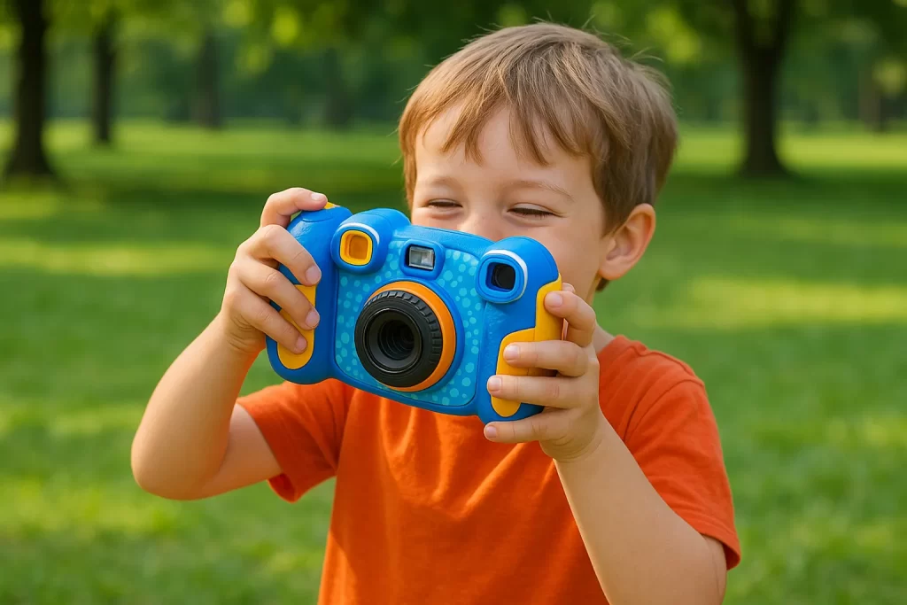 Child using a VTech Kidizoom Camera outdoors in a park, exploring and taking photos for creative play
