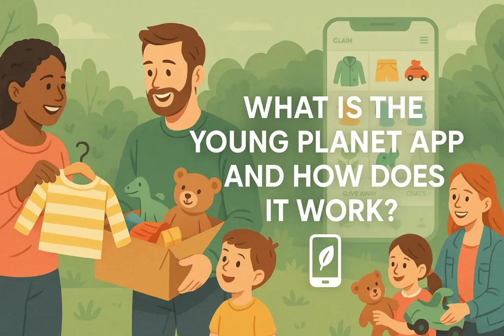 Parents exchanging children’s clothes and toys using the Young Planet App in a park setting, promoting sustainable parenting and free swaps.