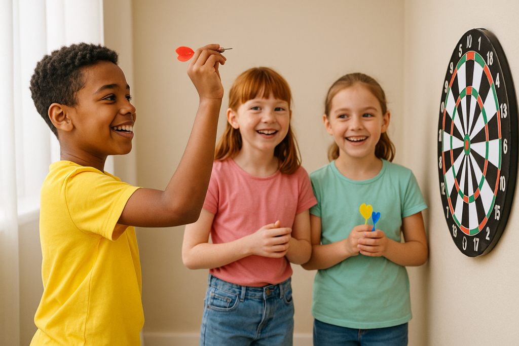 Three happy children playing darts indoors—one boy aiming a red dart while two smiling girls watch by the dartboard.