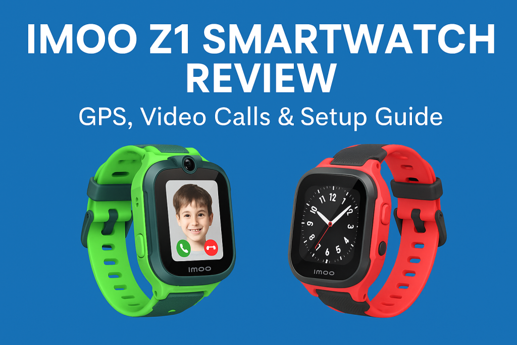 Two Imoo Z1 smartwatches in green and red shown side by side, highlighting design and display features for Imoo Z1 smartwatch review.