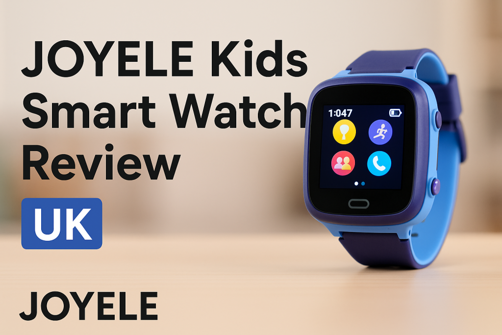 JOYELE Kids Smart Watch Review UK – a close-up of the smartwatch with a vibrant touch screen and colourful icons, showcasing its kid-friendly design on a wooden surface.