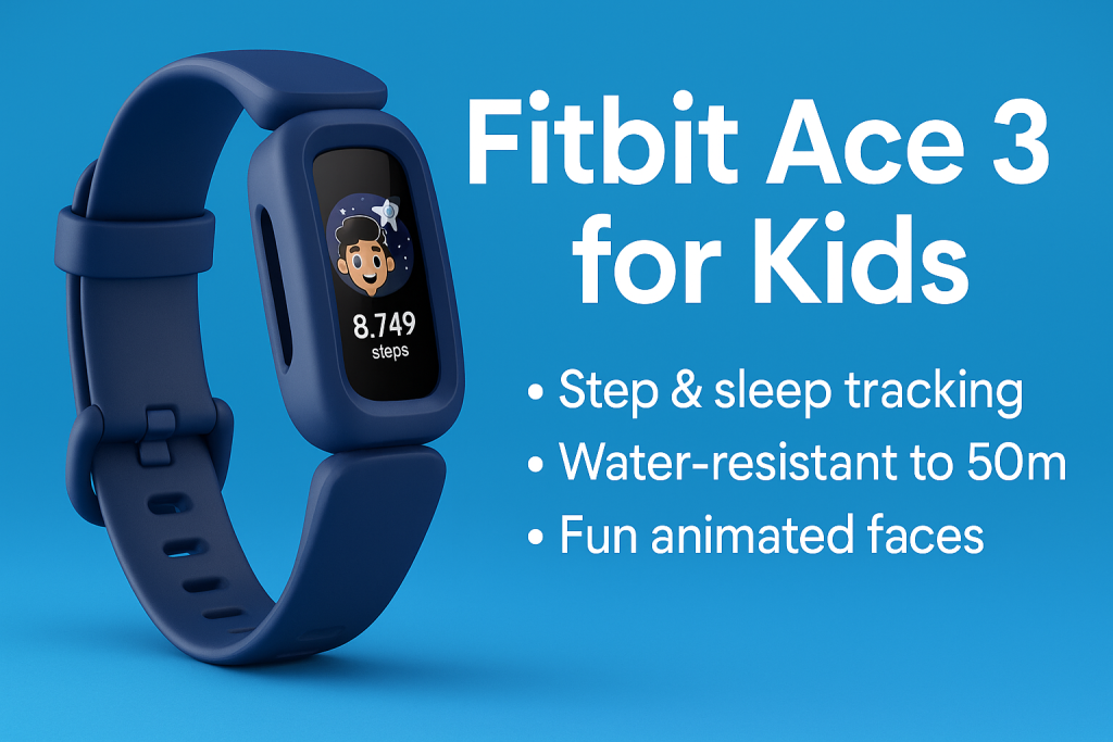 Fitbit Ace 3 for kids fitness tracker with animated screen, step count display, and blue band on a vibrant background