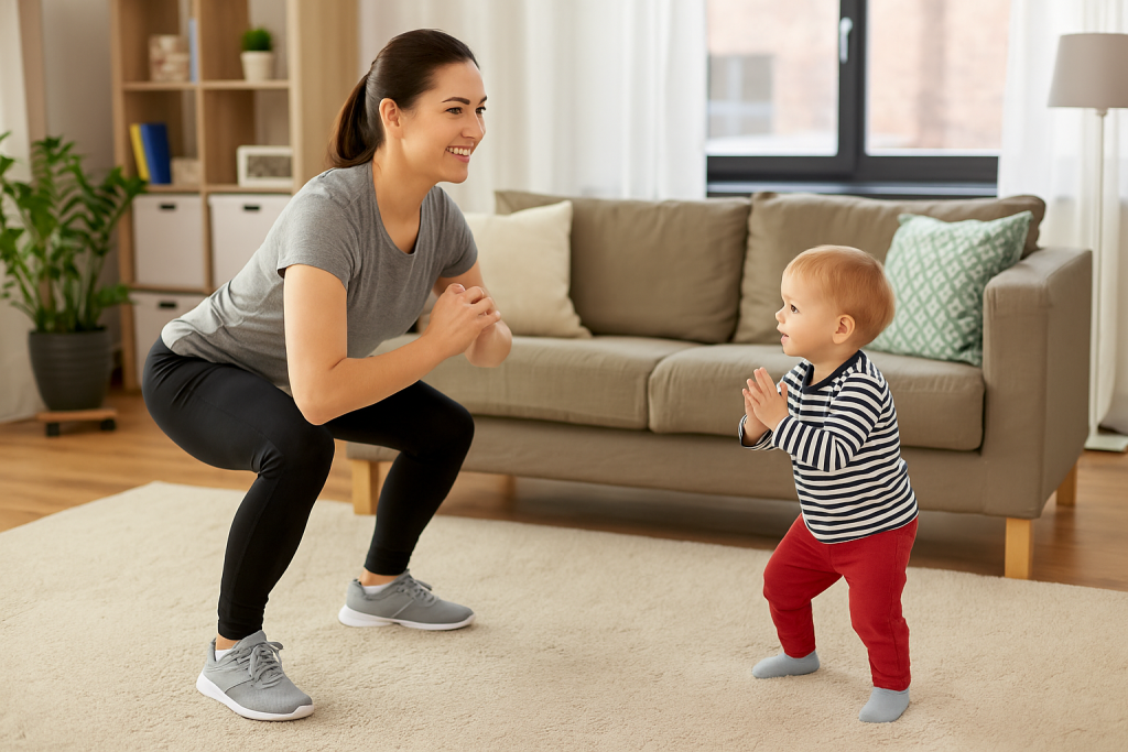 Mother and son doing squats together at home, representing fitness tips for busy parents in a family-friendly UK setting.