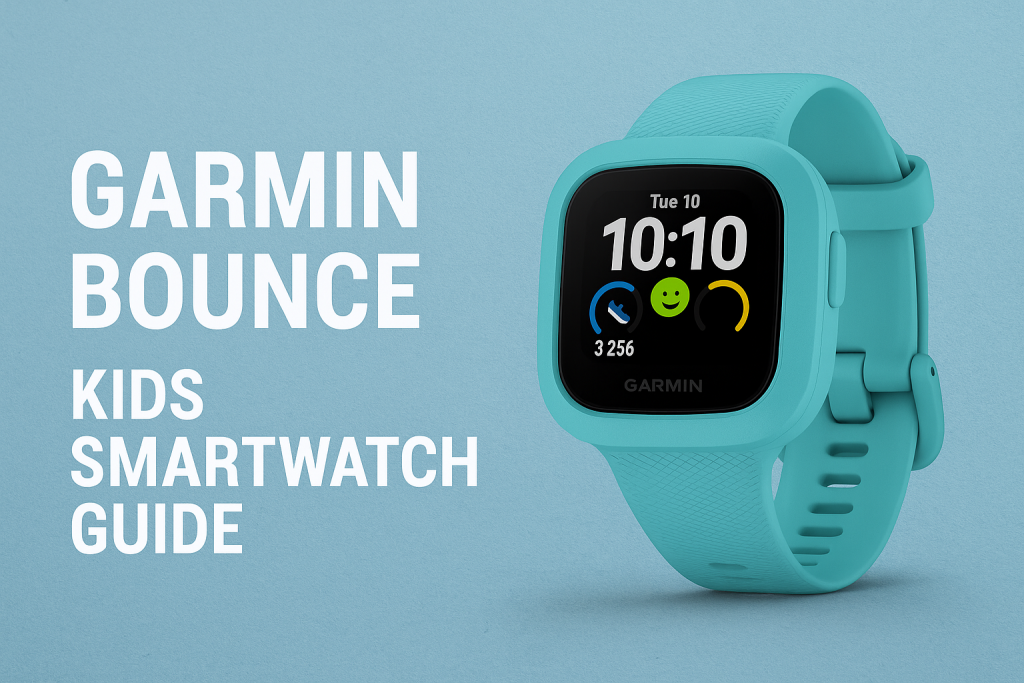Garmin Bounce Kids Smartwatch showing colourful display and fitness tracking, perfect for kids’ activity and GPS safety.