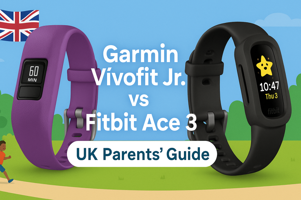 Garmin Vívofit Jr. vs Fitbit Ace 3 comparison banner for UK parents showing both kids fitness trackers side by side with playful park background.