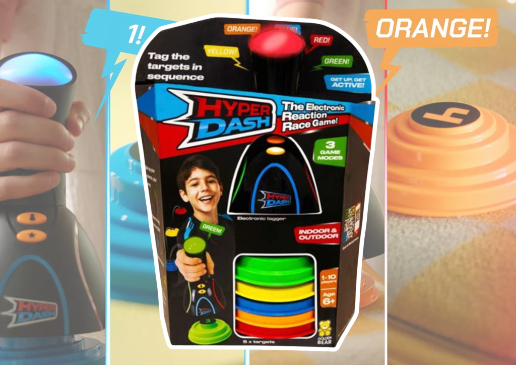 Hyper Dash review – electronic reaction race game packaging with handheld tagger and colorful numbered targets for kids and family fitness fun.