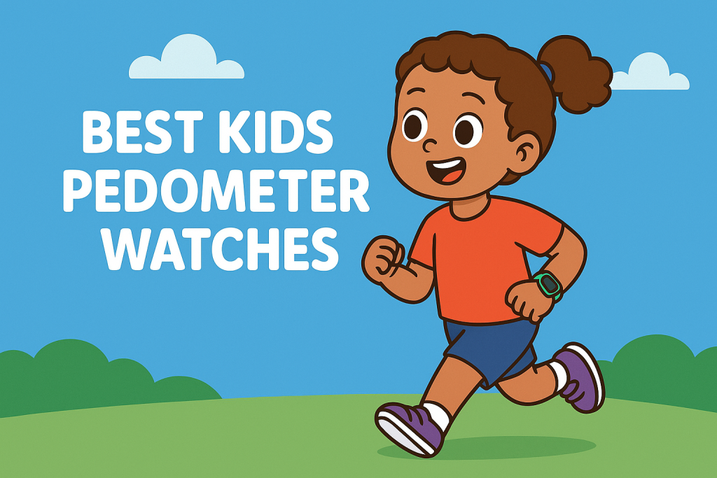 Illustration of a child running outdoors wearing a kids pedometer watch, with the text “Best Kids Pedometer Watches” in bold letters.