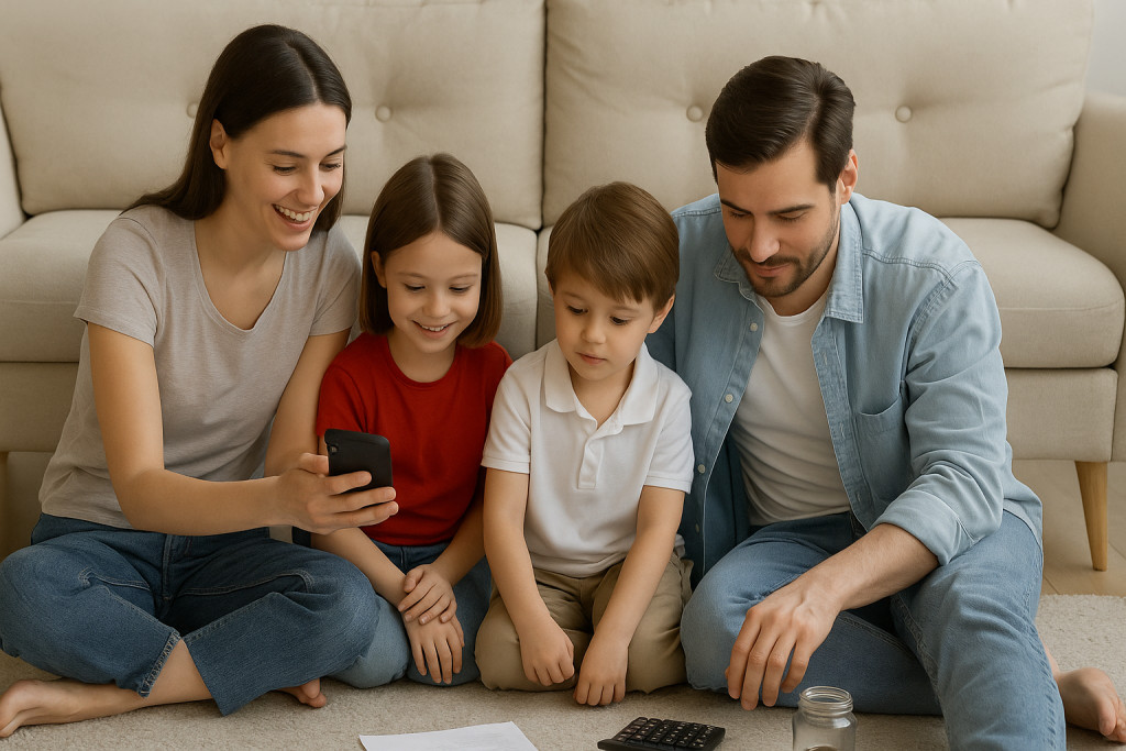 Family of four planning finances together on the living room floor, illustrating how KidStart helps parents save for their children's future.