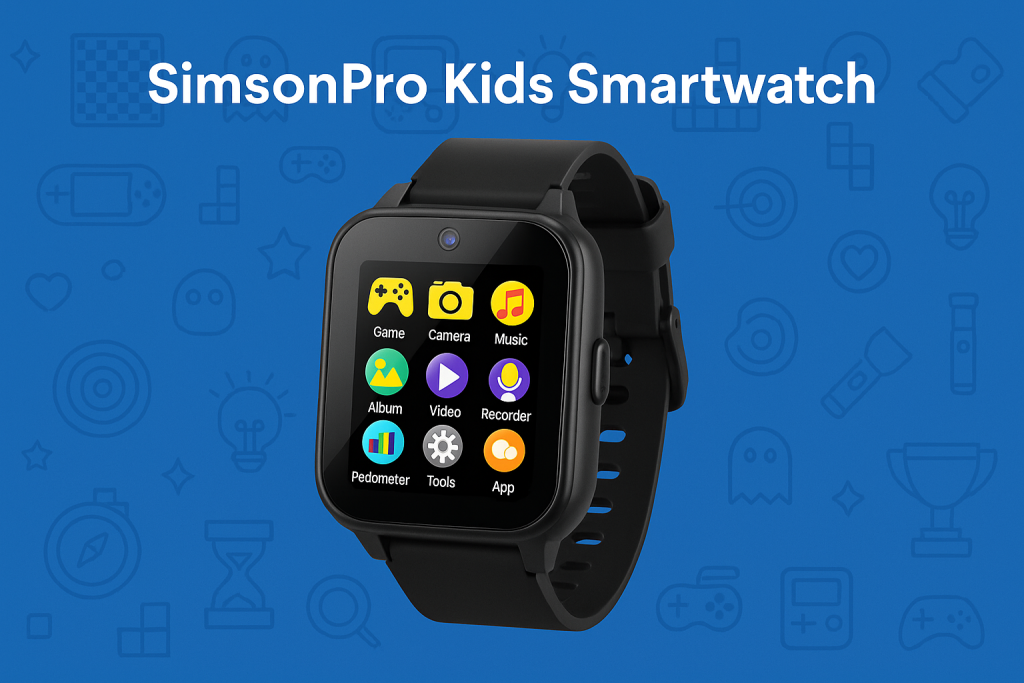 SimsonPro Kids Smartwatch with games, music, camera, and pedometer displayed on HD touchscreen – perfect wearable tech for kids and teens