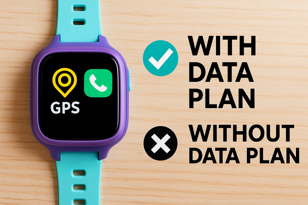 Kids smartwatch showing GPS tracking and call features, illustrating the difference between models with and without a data plan.