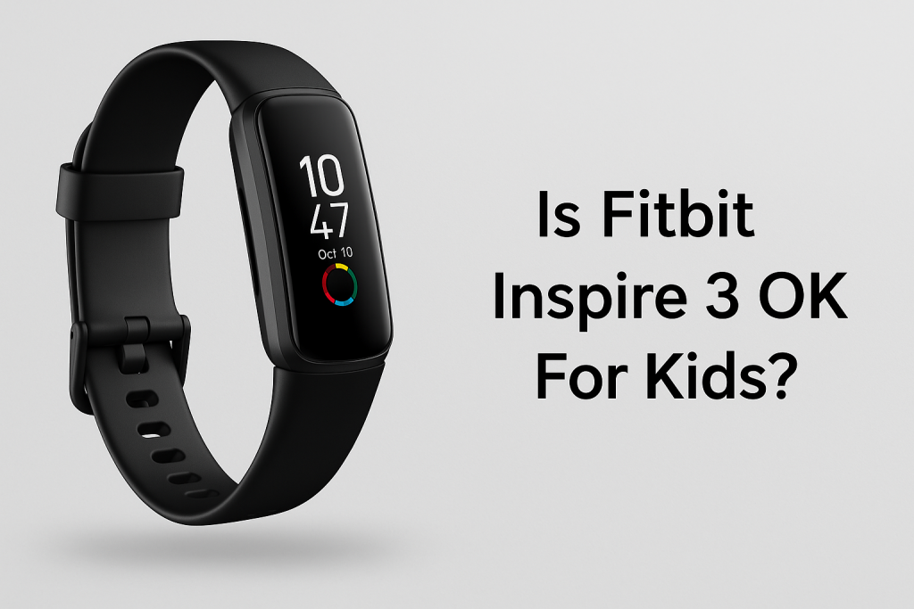 Fitbit Inspire 3 fitness tracker with a black silicone strap on a grey background, used to illustrate the question “Is Fitbit Inspire 3 OK for Kids?