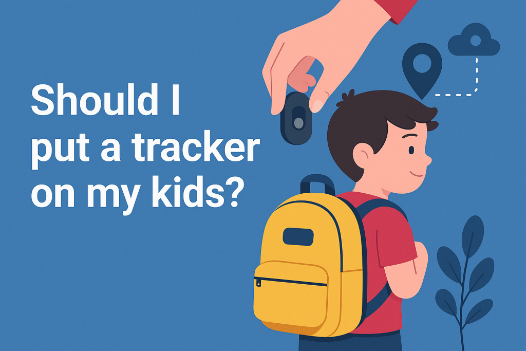 A parent places a small GPS child tracker into a young boy’s yellow backpack to monitor safety and location.