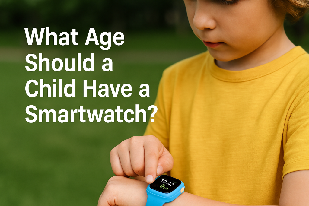 A young child wearing a colourful kids smartwatch with GPS tracking, showing the ideal smartwatch for kids age recommendation.