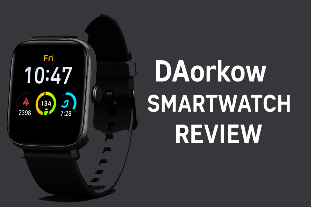 DAorkowo Smartwatch Review – sleek black smartwatch with fitness tracking display, step counter, and heart rate monitor on dark background