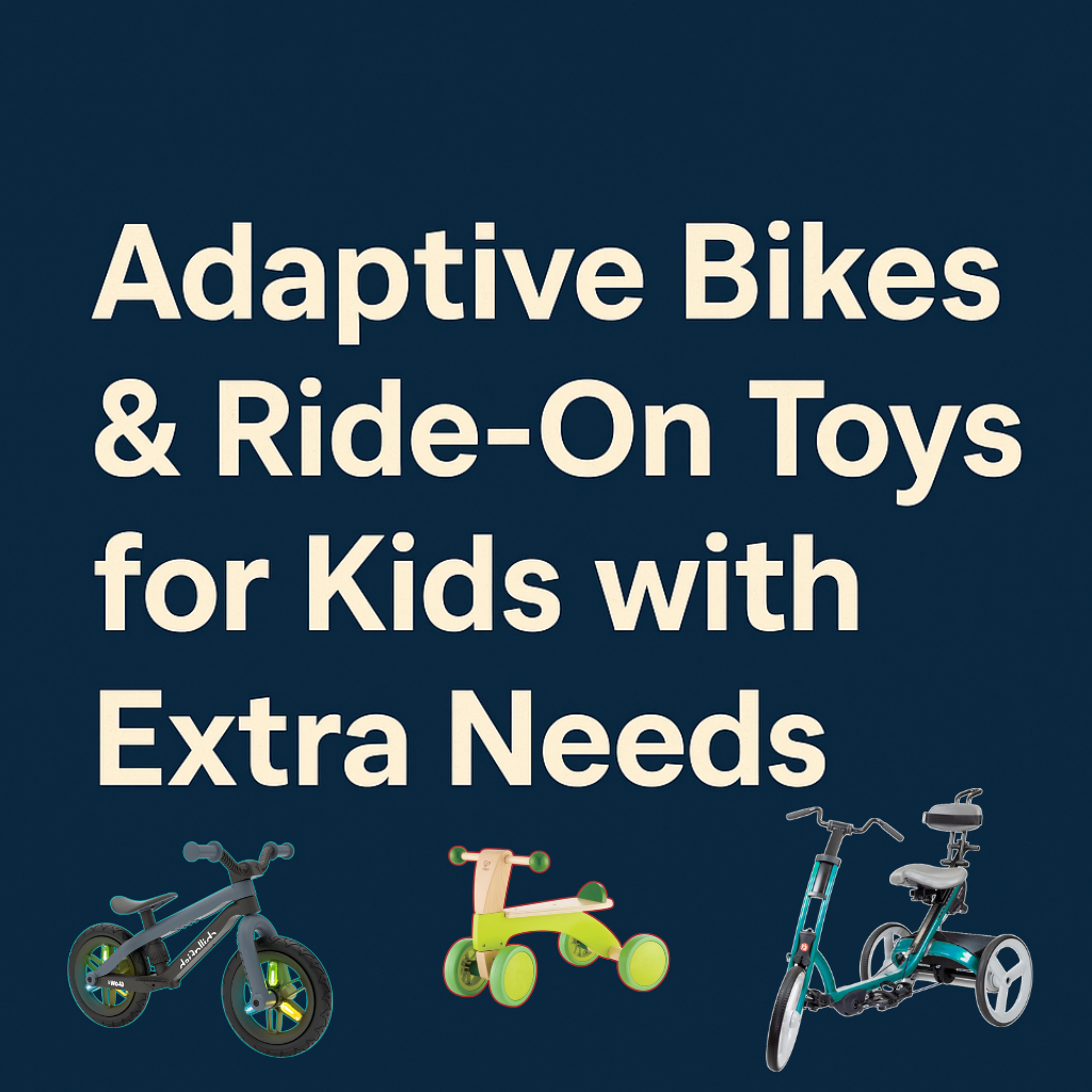 Professional featured image with bold text overlay reading 'Adaptive Bikes & Ride-On Toys for Kids with Extra Needs (UK Guide)' on a clean, modern background, designed for kidsfitnessgear.co.uk.
