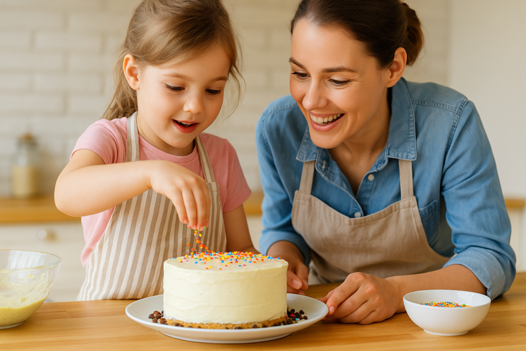 Mother and child happily decorating a homemade cake with sprinkles in a bright kitchen, symbolising family bonding and the mental health benefits of baking together.