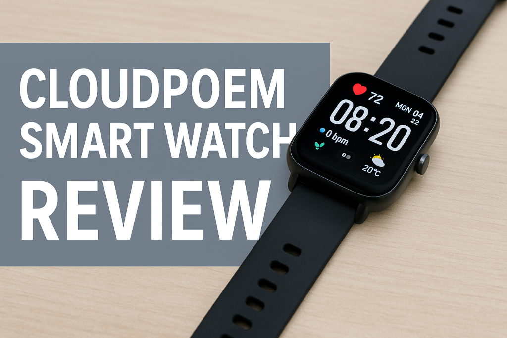 Cloudpoem Smart Watch review featured image showing black smartwatch with fitness tracking display on wooden surface.