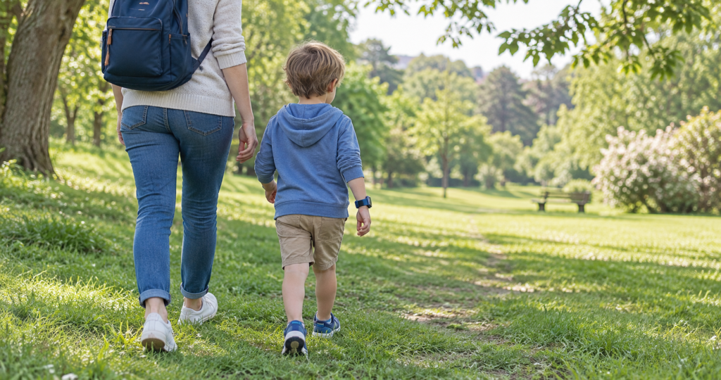 Young child wearing a GPS watch while walking safely in a park with a parent
